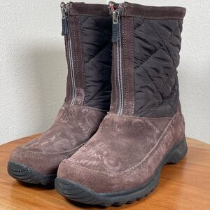 Women's Lands End Brown Suede Leather Quilted Boots Fleece Lining Size 7.5B
